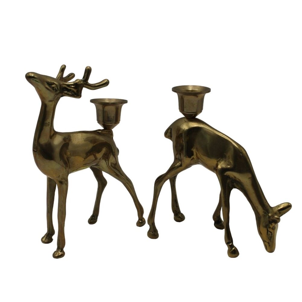 Solid Brass Buck and Doe Reindeer Figurine Candle Holder Set Price Products Vtg